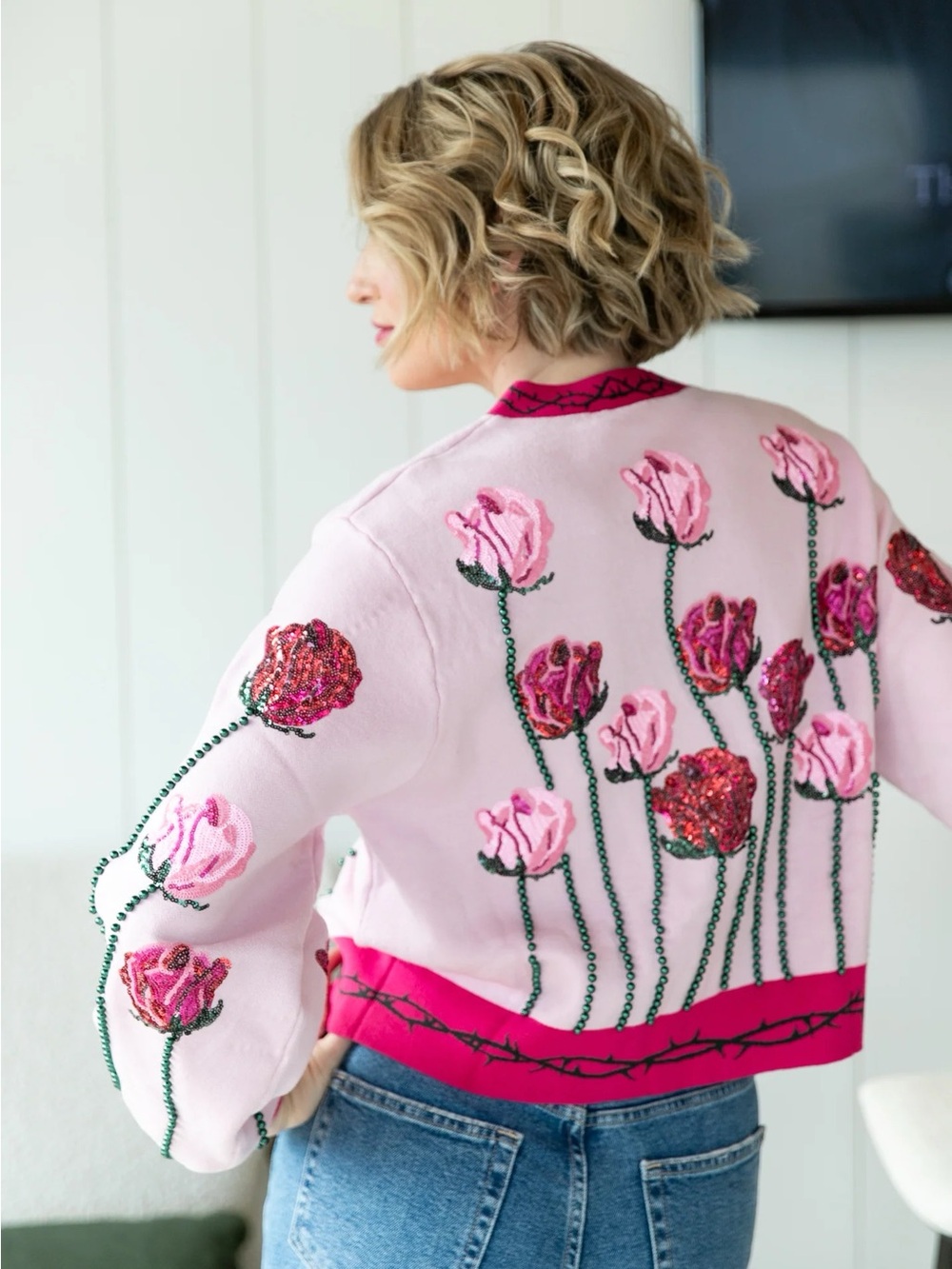 QUEEN OF SPARKLES Long Stem Roses Pink Floral Button Cardigan - Picture 5 of 12